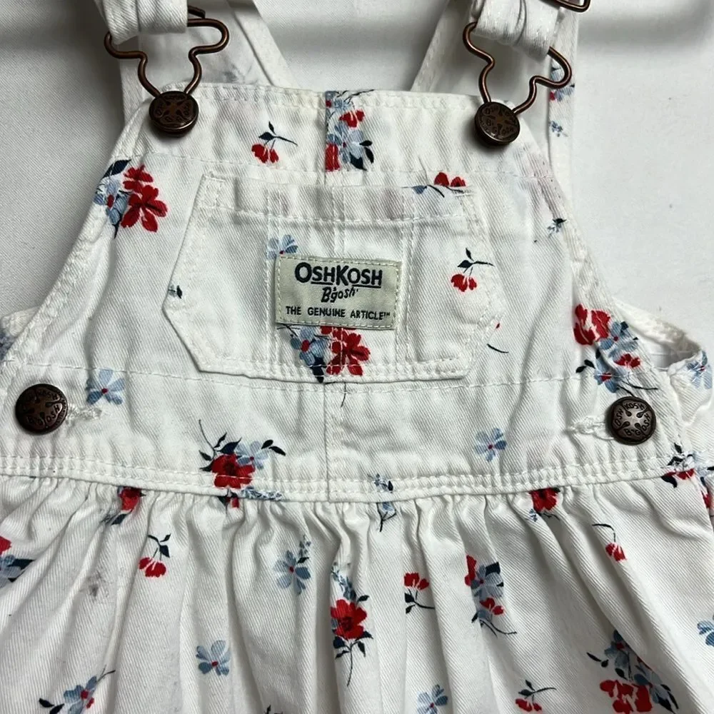 OshKosh B’Gosh white cotton red and blue floral overall dress EUC size 3 months